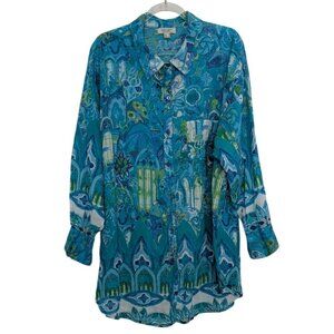 Orientique Floral Shirt Womens Size Medium Blue Oversized Roll Tab Sleeves Tunic